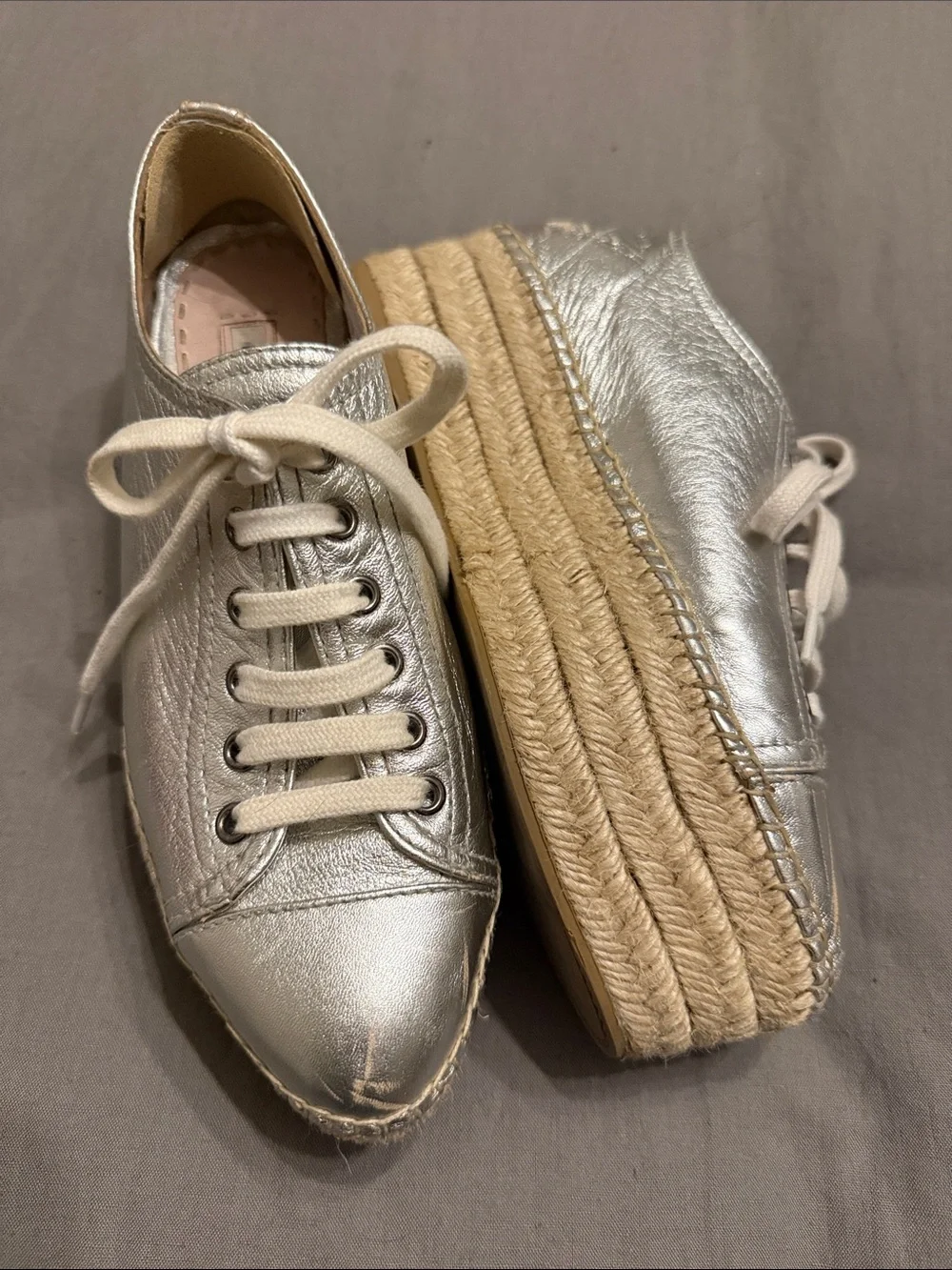 Miu Miu Silver Metallic Lace-Up Espadrille Platform Sneakers